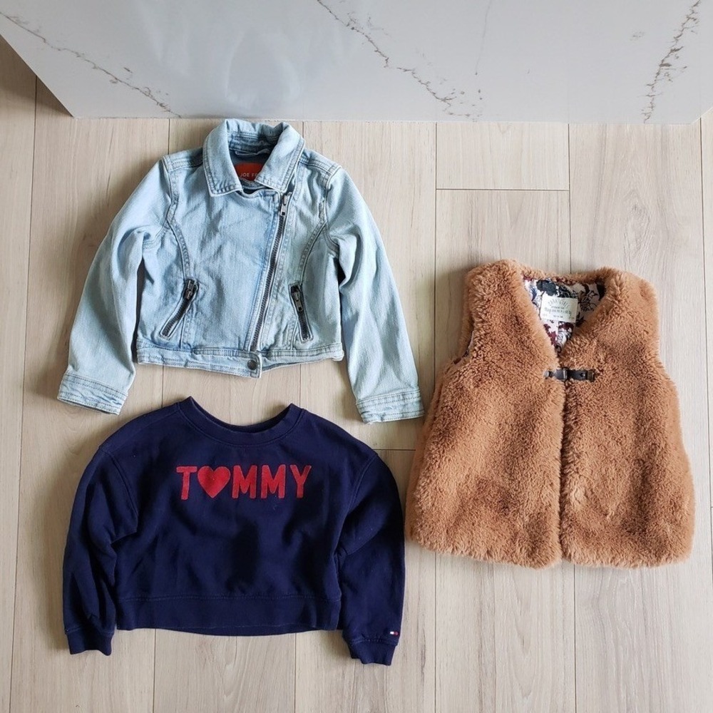 Girls 4T Outerwear Bundle 3pc Joe‎ Fresh Jean Jacket Tommy Sweatshirt Zara Vest